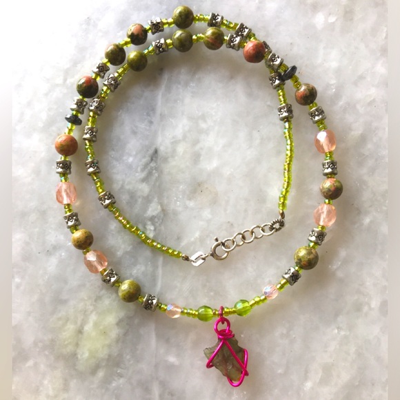 Hand Crafted Jewelry - Natural Moldavite Necklace with Unakite Stones, Czech Crystals & Wire Wrapped  💖
